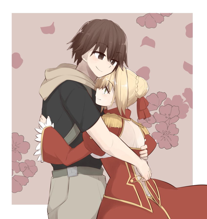1boy, 1girl, 46isky21, ahoge, back_cutout, bare_back, belt, black_shirt