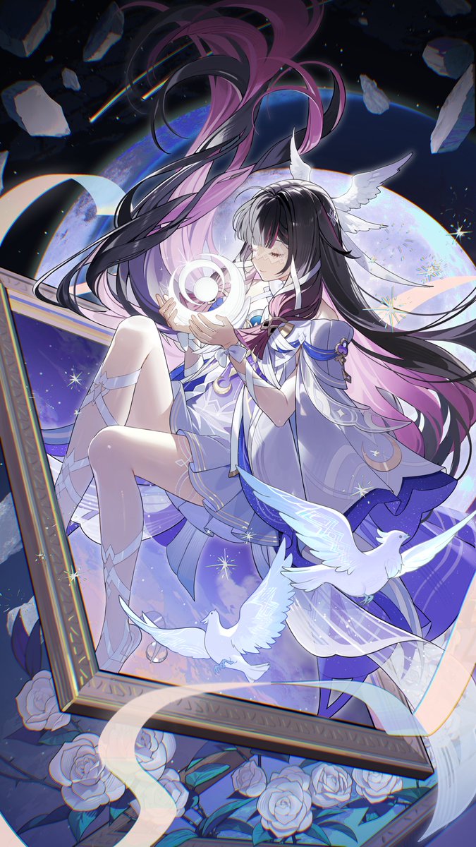 1girl, bird, black_hair, bow, closed_eyes, closed_mouth, colored_inner_hair, columbina_(genshin_impact), commentary_request, dove, dress, eye_mask, floating_hair, flower, foot_out_of_frame, genshin_impact, hair_ornament, hair_ribbon, head_wings, highres, kushami_deso, long_hair, mask, moon, multicolored_hair, pink_hair, ribbon, solo, thigh_strap, two-tone_hair, very_long_hair, white_bird, white_bow, white_dress, white_flower, white_ribbon, wing_hair_ornament, wings, wrist_bow