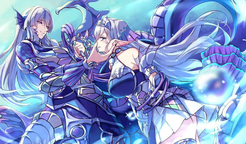 1boy, 1girl, absurdres, armor, bare_shoulders, blue_eyes, bound, bound_arms