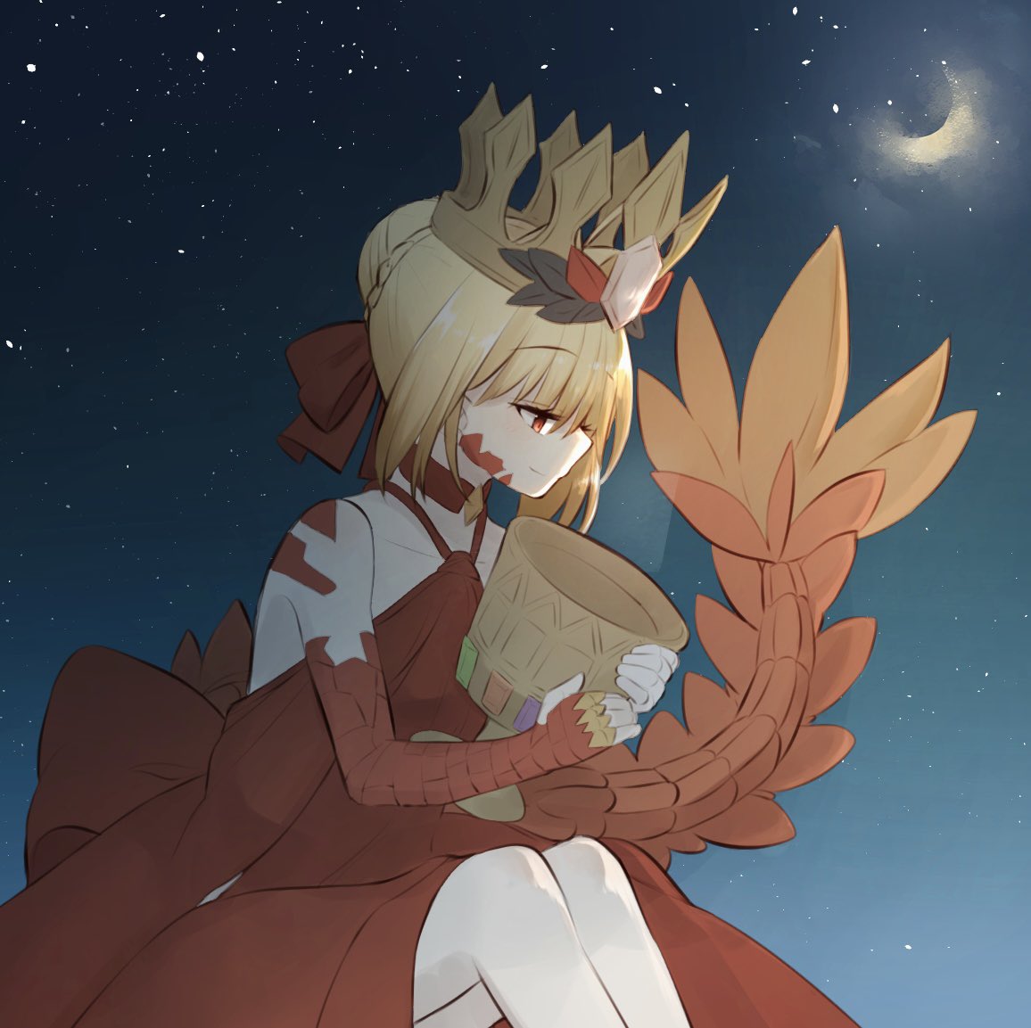 1girl, 46isky21, back_bow, bare_shoulders, blonde_hair, blue_sky, bow, braid