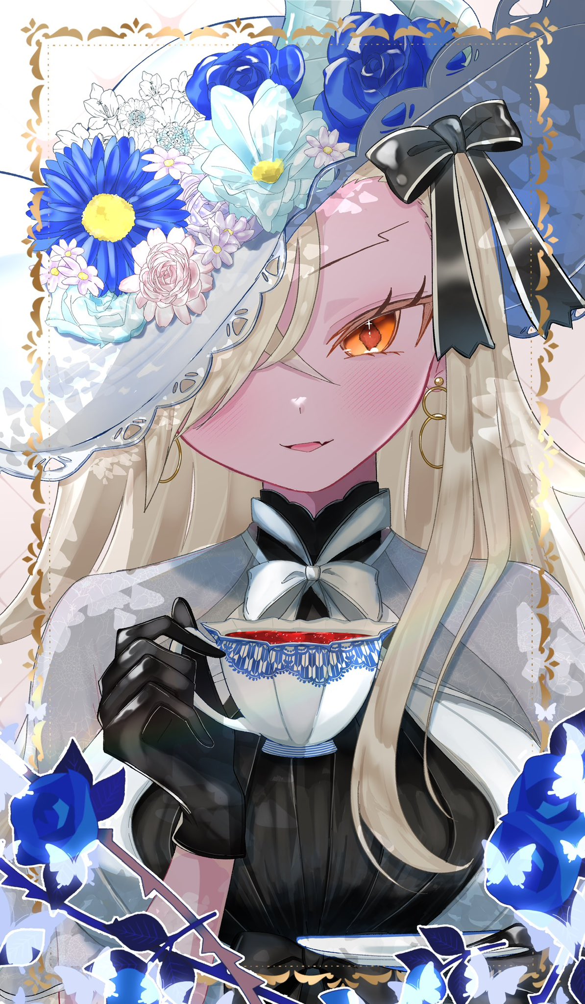 1girl, asymmetrical_bangs, black_gloves, blush, breasts, capelet, collared_shrug, commentary_request