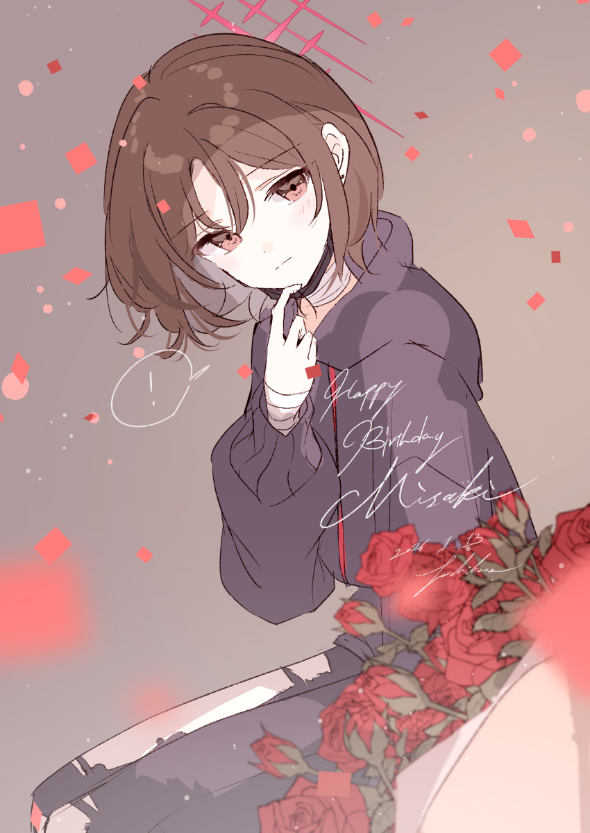 !, 1girl, absurdres, bandaged_neck, bandaged_wrist, bandages, birthday, black_hoodie, black_mask, black_pants, blue_archive, bouquet, brown_hair, commentary_request, cursive, english_text, flower, from_side, grey_background, halo, happy_birthday, highres, hood, hoodie, light_blush, long_sleeves, looking_at_viewer, looking_to_the_side, mask, mask_pull, misaki_(blue_archive), mouth_mask, pants, red_flower, red_halo, red_rose, rose, short_hair, solo, speech_bubble, spoken_exclamation_mark, tachibana_(tachibanablac), torn_clothes, torn_pants