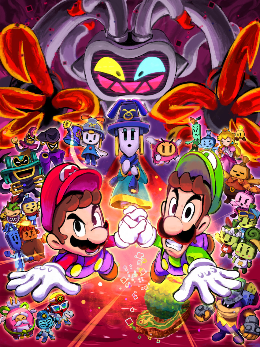 6+boys, 6+girls, absurdres, billdit_(mario), blonde_hair, blue_overalls, blue_scarf, blue_skin