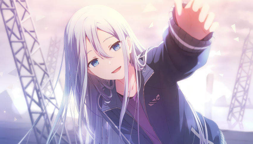 1girl, absurdres, blue_eyes, blue_jacket, blurry, blurry_background, colorful_palette, game_cg