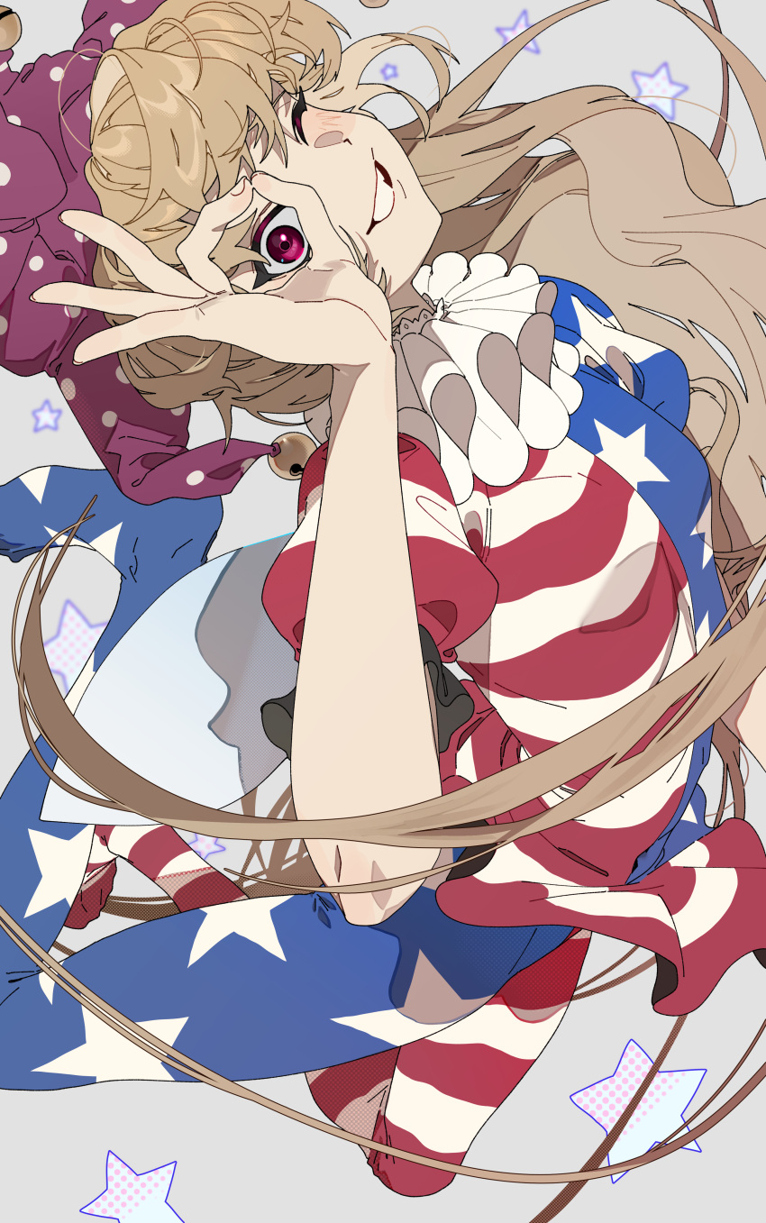 1girl, absurdres, american_flag, american_flag_legwear, american_flag_print, american_flag_shirt, blonde_hair, clownpiece, commentary, flag_print, hat, highres, jester_cap, long_hair, looking_at_viewer, neck_ruff, ok_sign, ok_sign_over_eye, one_eye_closed, pink_eyes, pink_hat, polka_dot, print_shirt, romaji_commentary, shimiya_jin, shirt, short_sleeves, smile, solo, star_(symbol), touhou