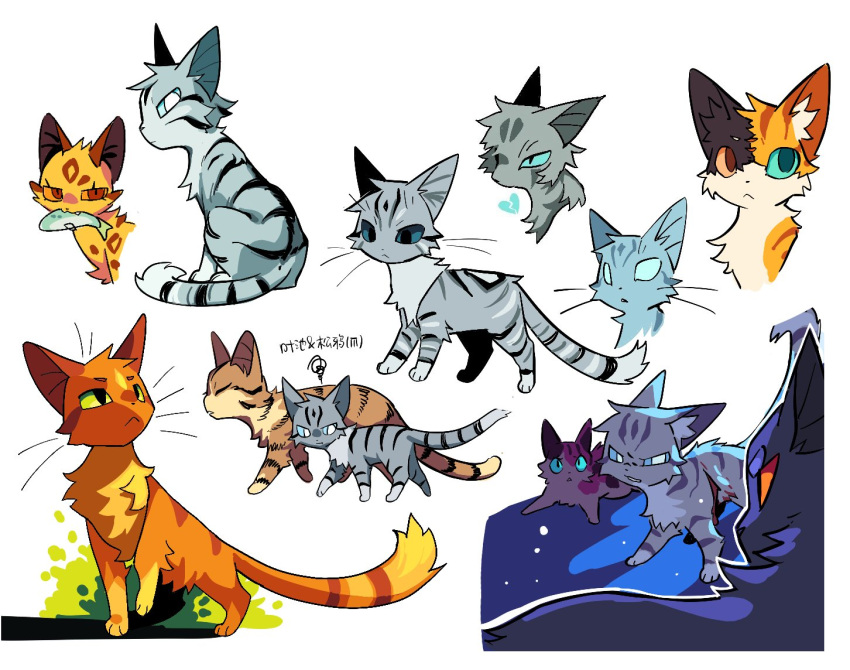 animal, animal_focus, ashfur, black_cat, blind, blue_eyes, blue_sclera, breezepelt, brown_cat, brown_eyes, calico_(pattern), calico_cat, cat, character_request, check_character, chinese_text, colored_sclera, commentary, firestar_(warrior_cats), fish, grass, green_eyes, grey_cat, hashtag-only_commentary, heterochromia, jayfeather, leafpool, leopardstar, mother_and_son, multiple_views, omen_of_the_stars, orange_cat, poppyfrost, power_of_three, protecting, rehtaef, scared, scene_reference, simple_background, sitting, sol_(warrior_cats), tabby_cat, translation_request, walking, warrior_cats, white_background, yellow_cat
