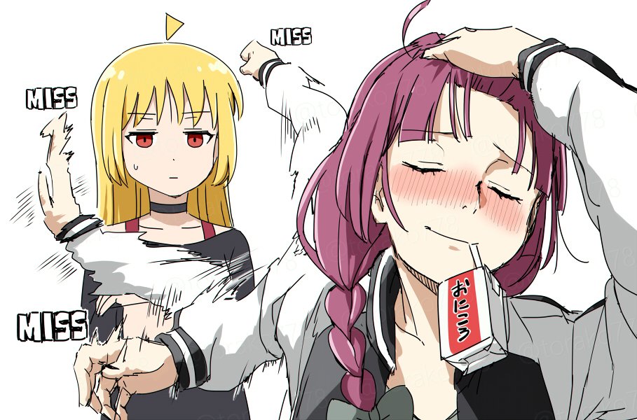2girls, alcohol_carton, black_choker, black_shirt, blonde_hair, blunt_bangs, blush, bocchi_the_rock!