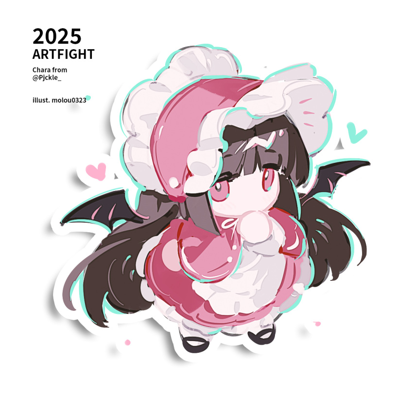 1girl, apron, art_fight_attack, ball_hands, bat_wings, black_shoes, blunt_bangs, bonnet
