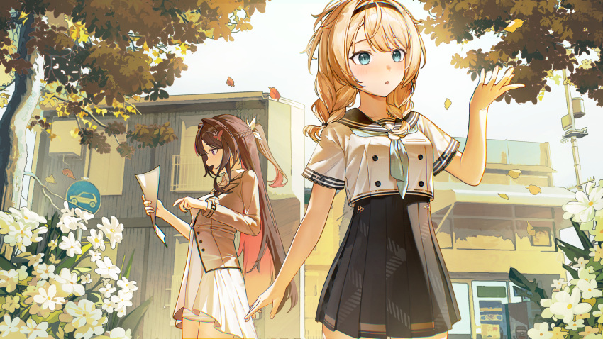 absurdres, aqua_eyes, ascot, asymmetrical_dress, autumn_leaves, azki_(4th_costume)_(hololive), azki_(hololive), black_hair
