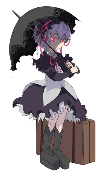 dress, gothic_lolita, lieselotte_achenbach, lolita_fashion, red_eyes, suitcase, takashi_moritaka, umbrella