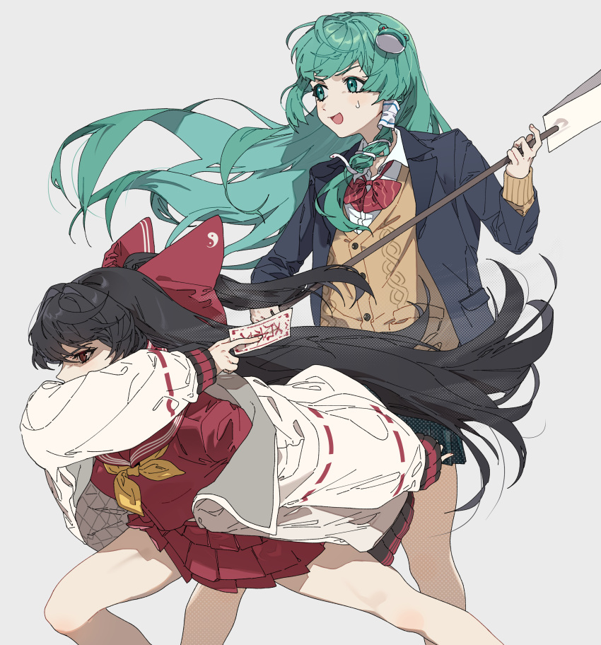 2girls, absurdres, alternate_costume, between_fingers, black_hair, black_jacket, bow, bowtie