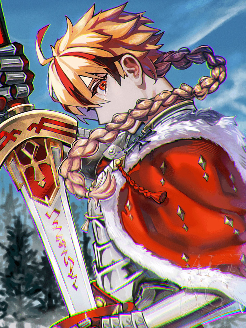 1boy, ahoge, armor, blonde_hair, braid, braided_ponytail, cape, cloak