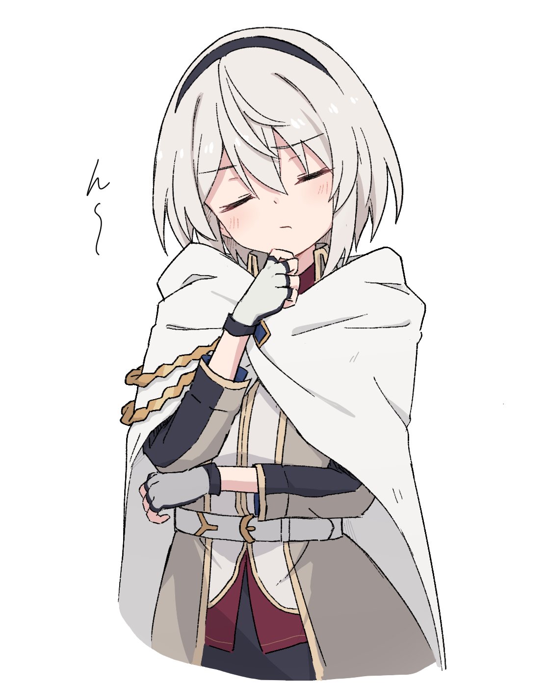 1girl, amnesia_(majo_no_tabitabi), belt, black_hairband, black_skirt, blush, cape, cloak