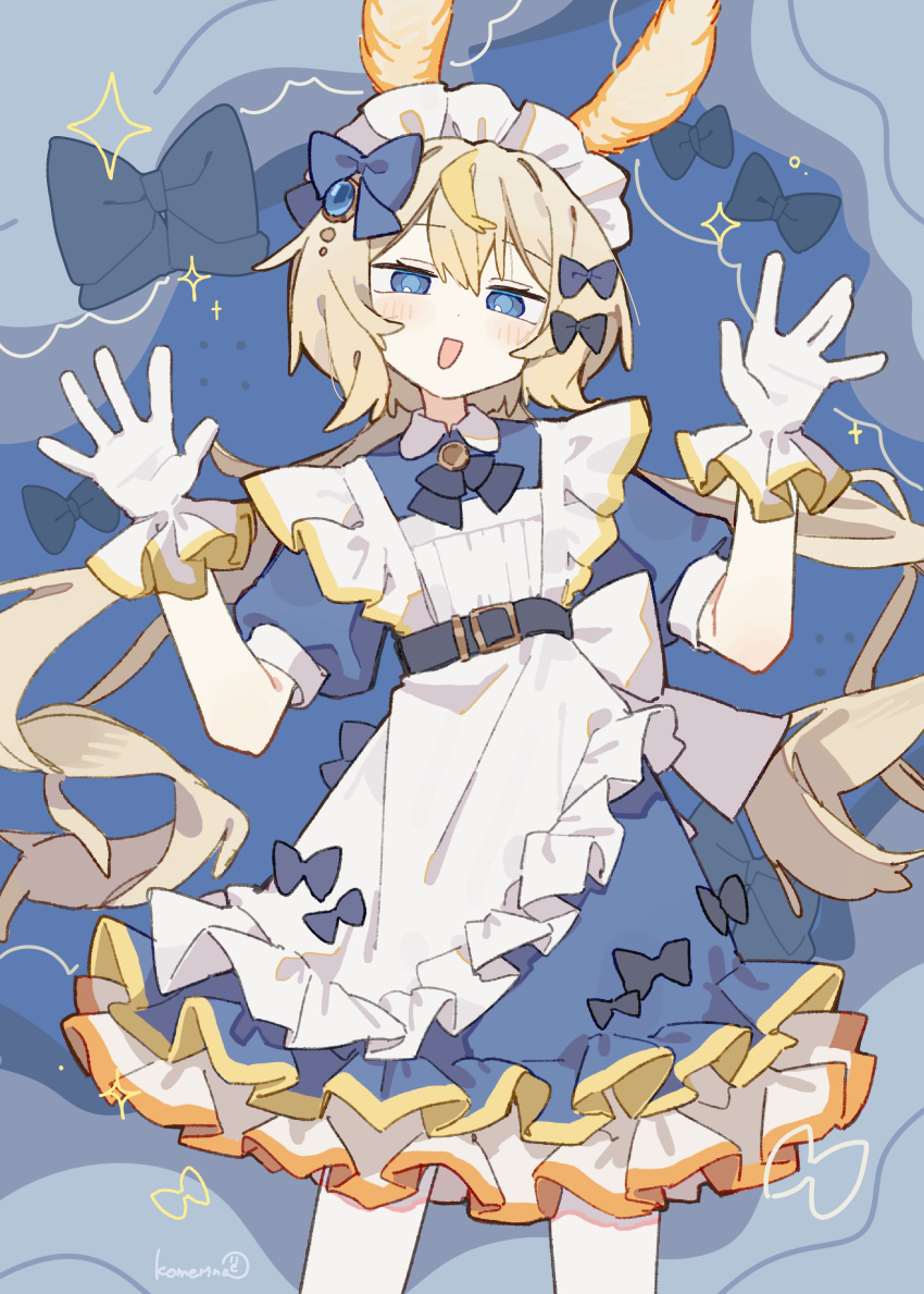 1girl, :d, absurdres, animal_ears, apron, artist_name, belt, black_belt