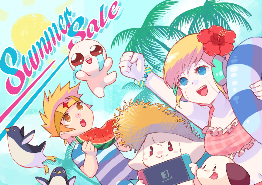 1001_spikes, 2boys, 2girls, :d, :p, adventurer_(dungreed), android, aqua_male_swimwear