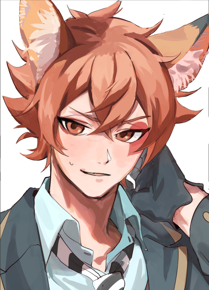 1boy, ace_trappola, animal_ear_fluff, animal_ears, arm_up, black_gloves, blush, collared_shirt
