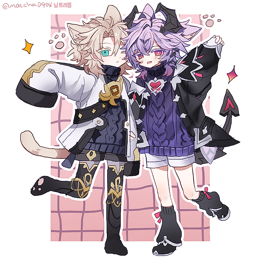 2boys, albedo_(genshin_impact), animal_ears, blonde_hair, closed_mouth, dragon_boy, dragon_horns, dragon_tail, durin_(genshin_impact), genshin_impact, hand_up, horns, jacket, looking_at_viewer, male_focus, multiple_boys, one_eye_closed, open_mouth, oversized_clothes, purple_hair, shorts, smile, tail, wanzzap, watermark