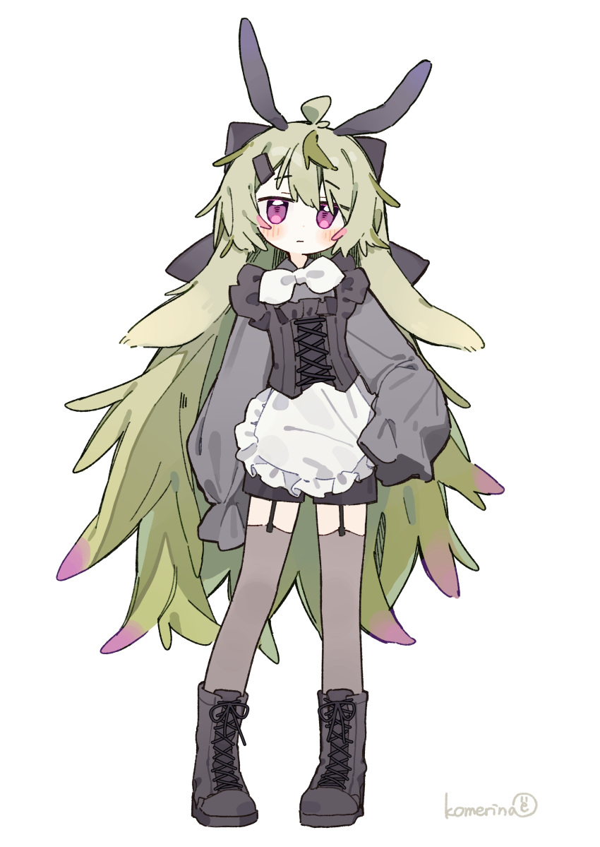 1girl, absurdres, ahoge, animal_ears, black_boots, black_bow, black_corset, black_shirt