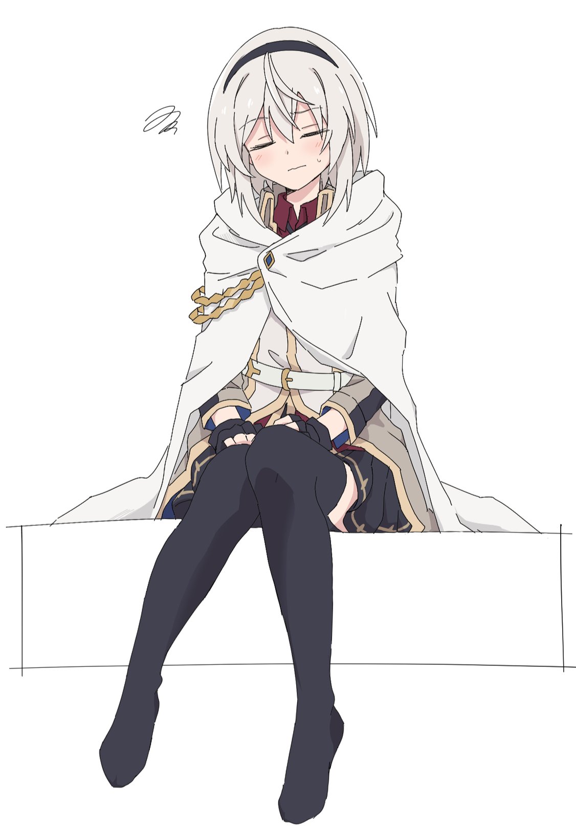 1girl, amnesia_(majo_no_tabitabi), belt, black_gloves, black_hairband, black_skirt, black_thighhighs, blush