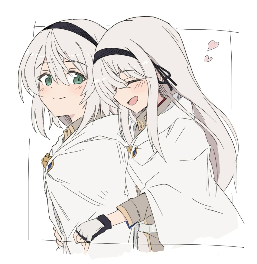2girls, amnesia_(majo_no_tabitabi), avilia_(majo_no_tabitabi), black_hairband, blush, cape, cloak, closed_eyes