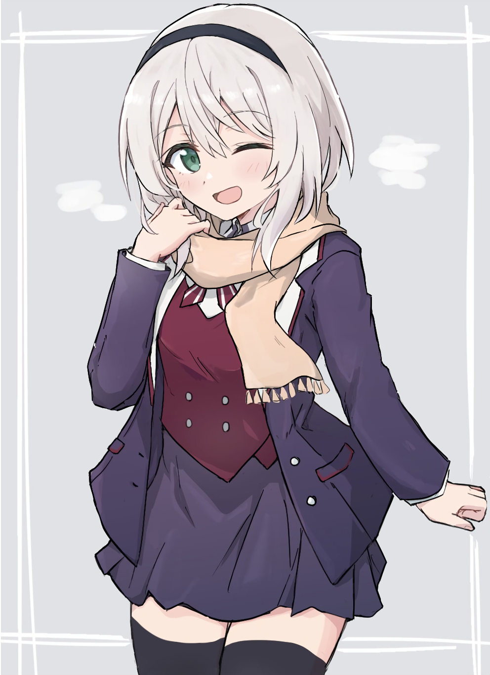 1girl, ;d, amnesia_(majo_no_tabitabi), black_hairband, black_thighhighs, blazer, blush, brown_scarf