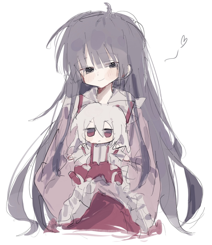 black_eyes, black_hair, blunt_bangs, blush, closed_mouth, frills, fujiwara_no_mokou, fumo_(doll)