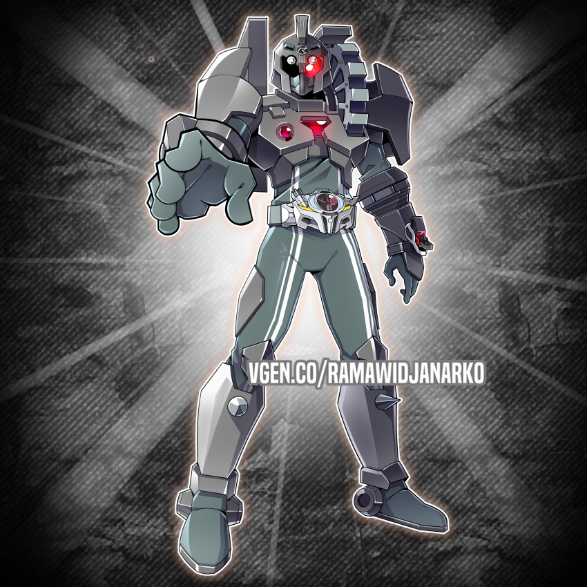 1boy, absurdres, ancient_gear_golem, ancient_gear_golem_(cosplay), armor, belt, bodysuit, commentary