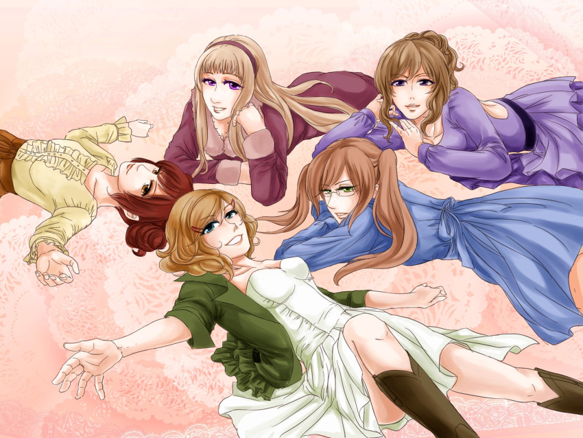 5girls, america_(hetalia), axis_powers_hetalia, blonde_hair, blue_eyes, boots, brown_eyes, brown_hair, china_(hetalia), fonin, france_(hetalia), genderswap, glasses, green_eyes, hair_ornament, hairclip, highres, multiple_girls, purple_eyes, russia_(hetalia), twintails, united_kingdom_(hetalia), violet_eyes