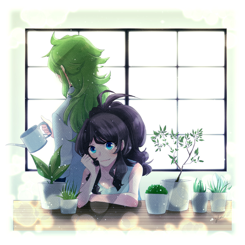 n_(pokemon), plant, planter, pokemon, pokemon_(game), pokemon_black_and_white, pokemon_bw, potted_plant, touko_(pokemon), watering_can, window, yue47