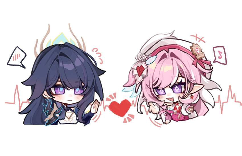 2girls, beret, chinese_commentary, commentary_request, diamond-shaped_pupils, diamond_(shape), dreaming-of-flying-free, dress, earrings, elf, elysia_(hi_love_elf)_(honkai_impact), elysia_(honkai_impact), fake_horns, hat, heart, heart_earrings, highres, honkai_(series), honkai_impact_3rd, horns, jewelry, long_hair, multicolored_hair, multiple_girls, musical_note, pink_hair, pointy_ears, purple_hair, raiden_mei, raiden_mei_(herald_of_dawn), red_dress, simple_background, smile, spoken_blush, spoken_musical_note, symbol-shaped_pupils, two-tone_hair, very_long_hair, violet_eyes, white_background, white_hair, yellow_horns, yuri