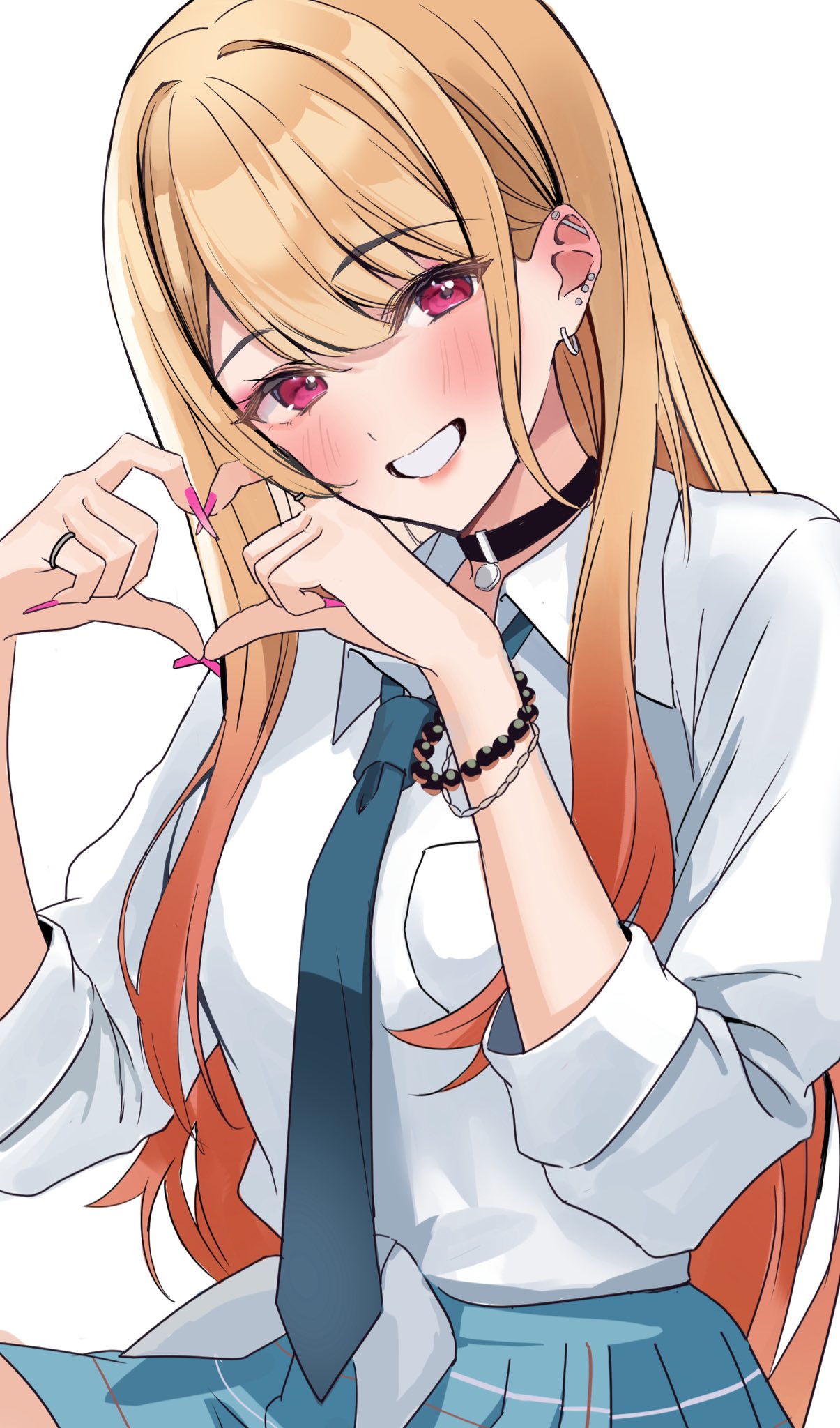 1girl, blonde_hair, blue_necktie, blue_skirt, blush, breasts, cowboy_shot, ear_piercing