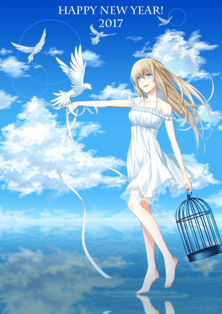 1girl, 2017, bandages, bird, bird_on_hand, birdcage, blonde_hair, blue_eyes, cage, clouds, commentary_request, floating_hair, full_body, hair_between_eyes, happy_new_year, highres, holding, long_hair, nnm_kmym, on_water, original, outdoors, reflection, smile, solo