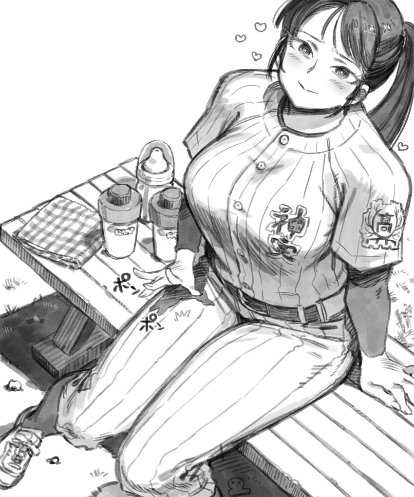 1girl, baby_bottle, baseball_jersey, baseball_uniform, belt, bottle, breasts, closed_mouth