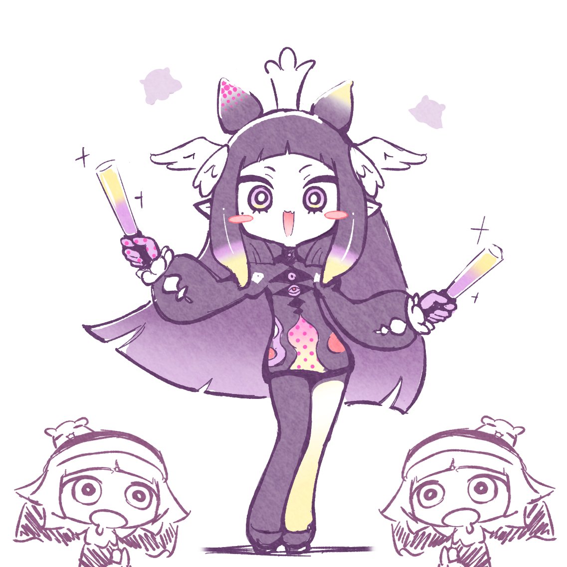 asymmetrical_legwear, blush_stickers, commentary_request, crown, drooling, fang, gloves, glowstick