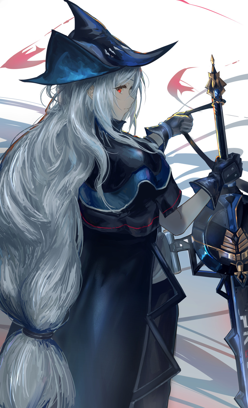 1girl, absurdres, arknights, black_cape, black_gloves, black_pants, blue_hat, cape