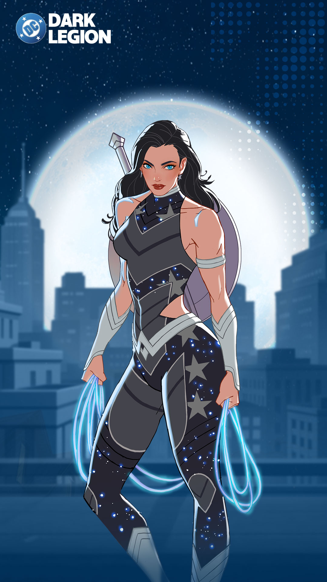 1girl, armlet, bare_shoulders, black_hair, blue_eyes, bodysuit, boots, bracer