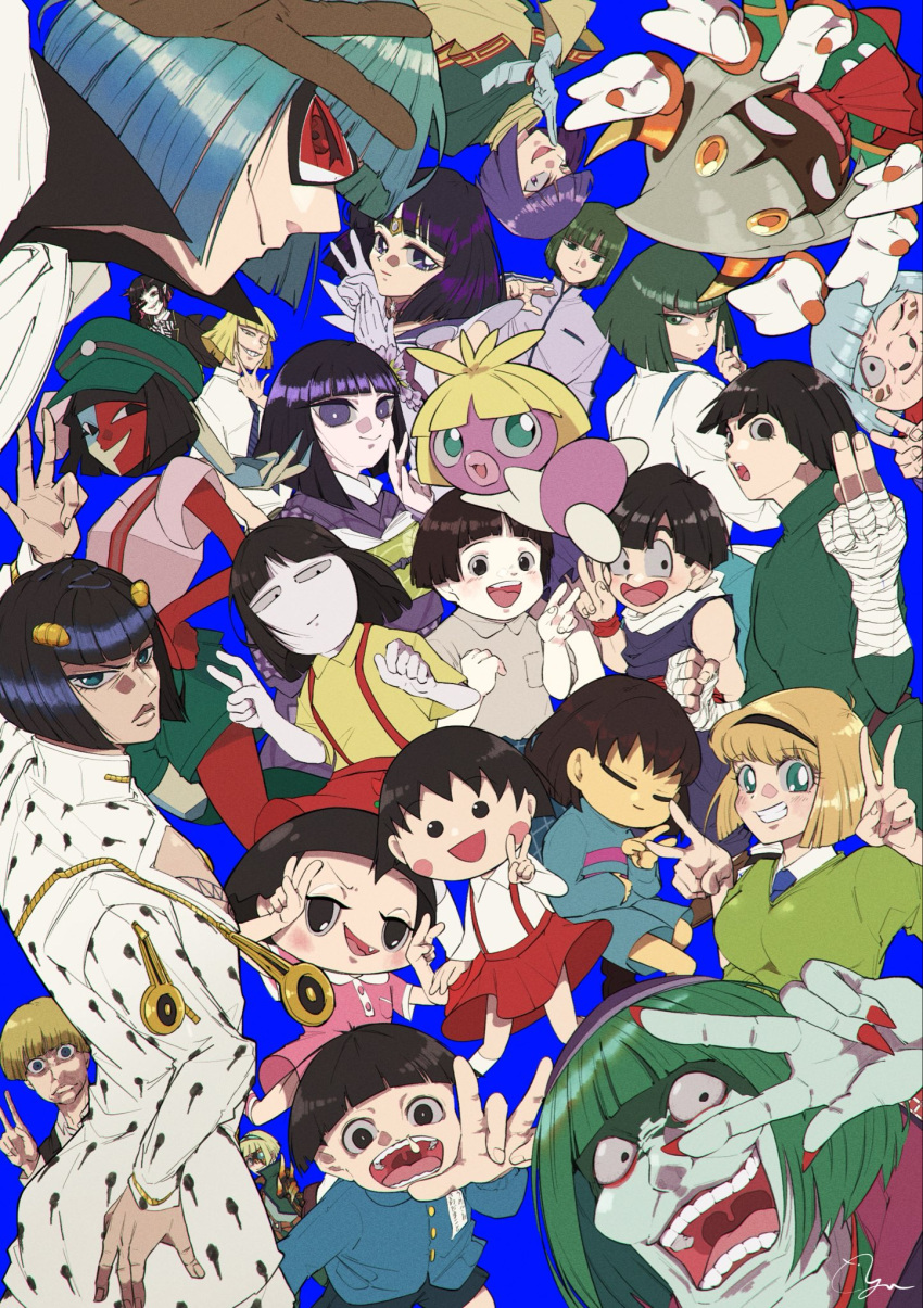 bishoujo_senshi_sailor_moon, blue_background, bob_cut, bruno_bucciarati, character_name, chibi_maruko-chan, commentary_request, copyright_request