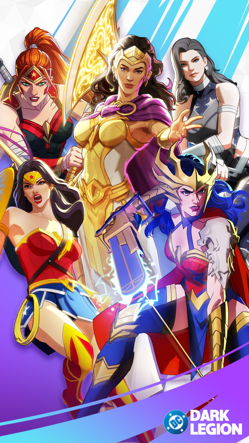 5girls, artemis_of_bana-mighdall, black_hair, blue_eyes, boots, brown_hair, dc:_dark_legion, dc_comics