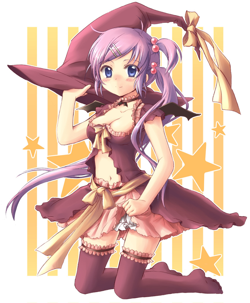 blue_eyes, breasts, cleavage, colored, hair_bobbles, hair_ornament, hairclip, hat