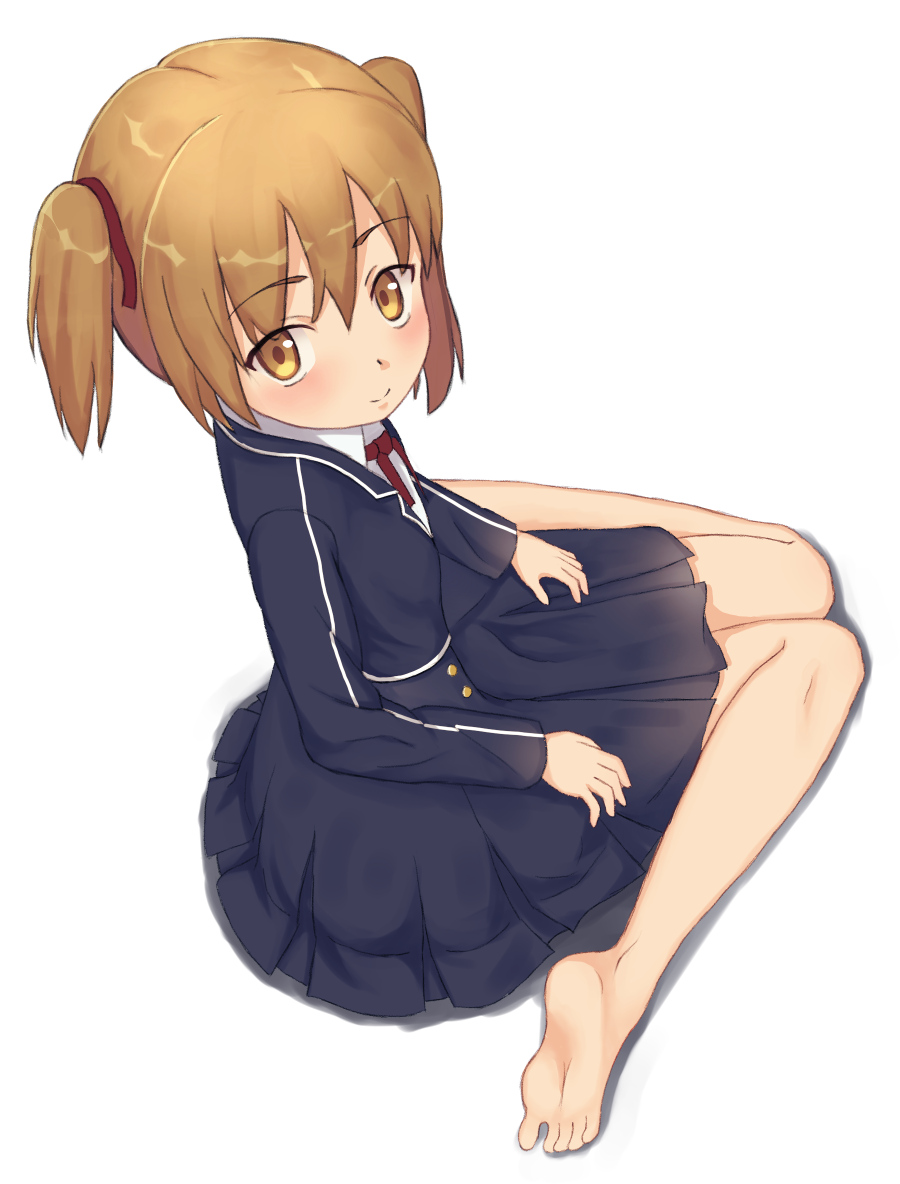 1girl, barefoot, black_jacket, black_skirt, blush, breasts, brown_eyes, brown_hair