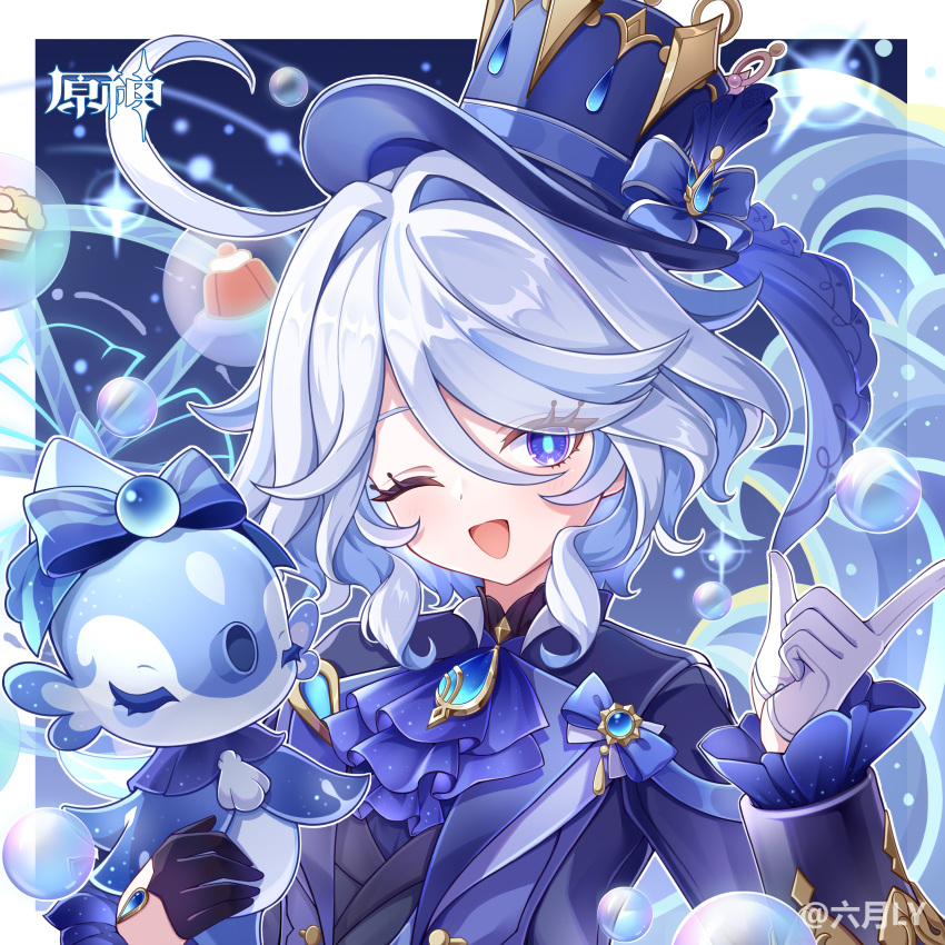 1girl, ;d, absurdres, ahoge, ascot, asymmetrical_gloves, black_gloves, blue_ascot