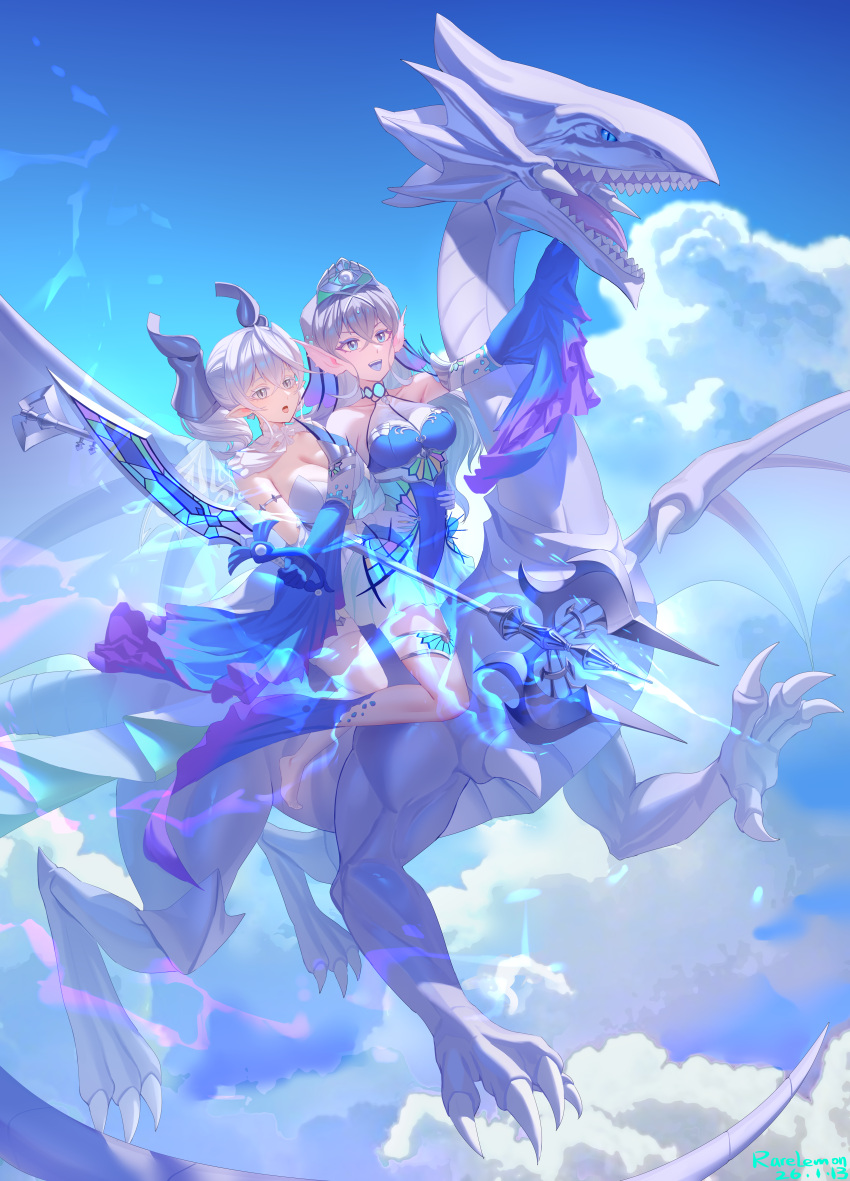 2girls, absurdres, arm_fins, blue-eyes_white_dragon, blue_eyes, blue_tongue, breasts, colored_tongue
