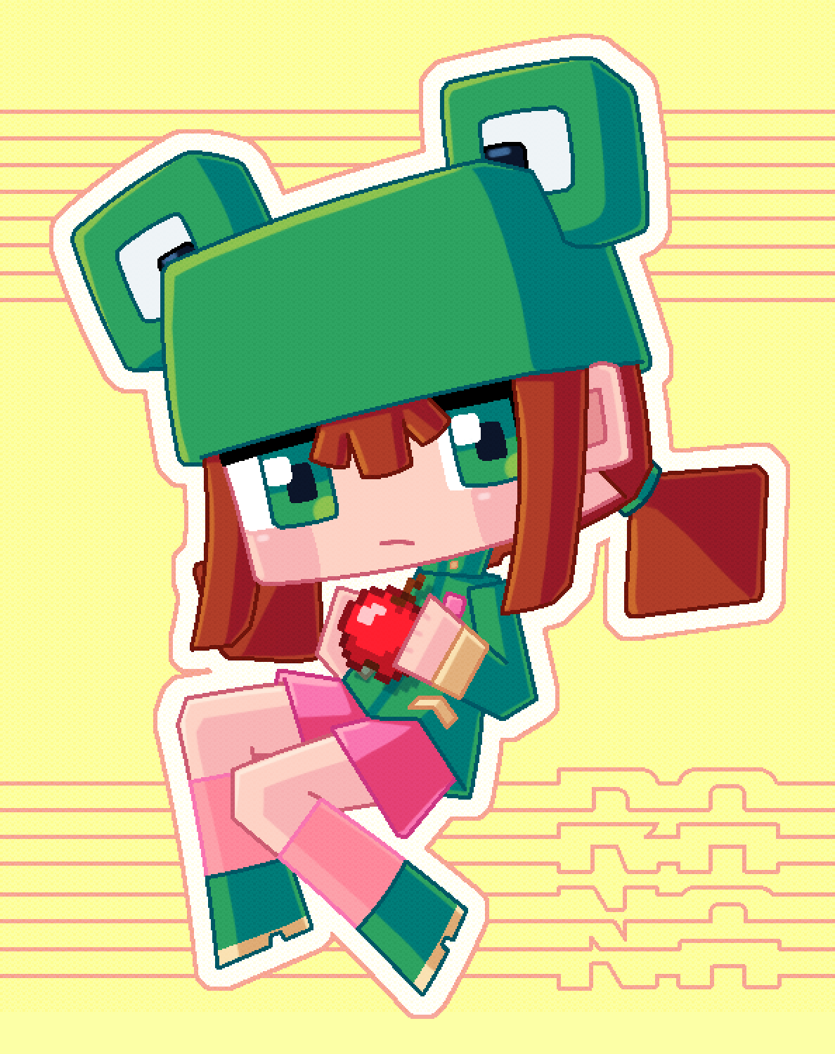 1girl, apple, blush, brown_hair, commentary, fft_mc, food, frog_hat