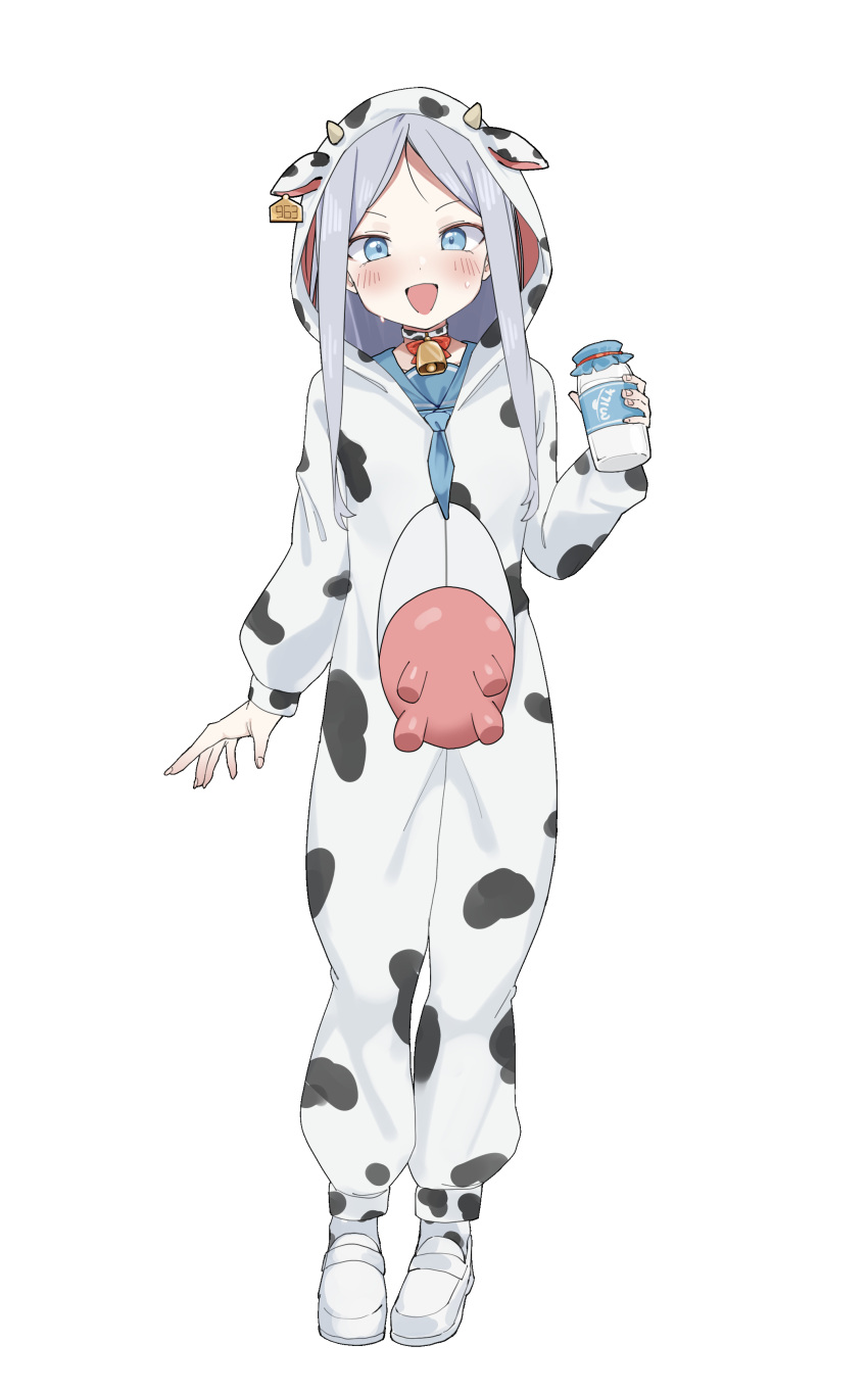 1girl, absurdres, animal_costume, animal_print, bell, blue_eyes, blush, cosplay, cow_costume, cow_print, cowbell, ear_tag, fake_udder, full_body, grey_hair, highres, holding, holding_jar, jar, kigurumi, light_blush, long_hair, looking_at_viewer, mary_janes, merlt, neck_bell, open_mouth, original, parted_bangs, sailor_collar, shoes, simple_background, smile, solo, standing, white_background
