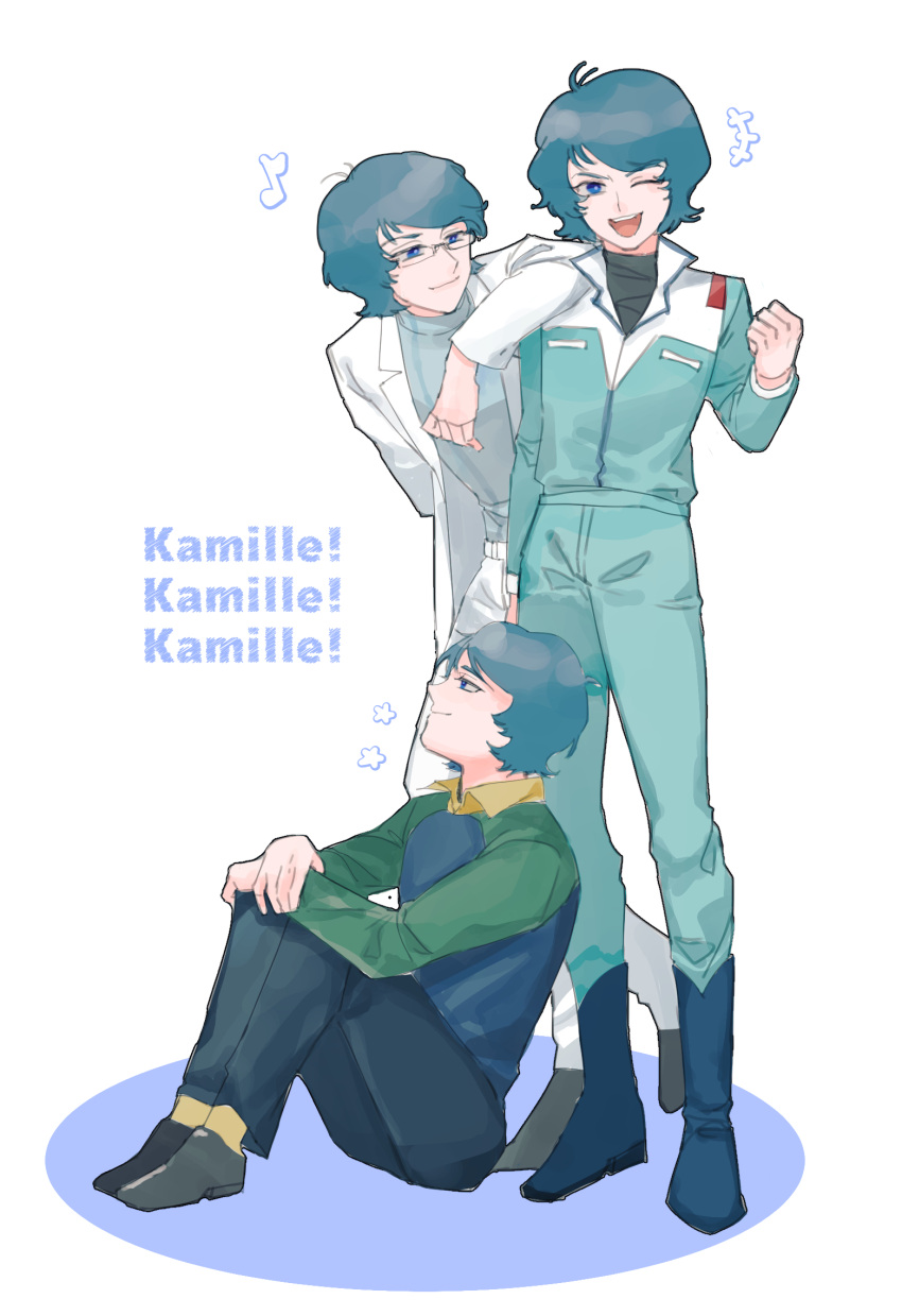 +++, 3boys, ;d, black_shirt, black_shoes, blue_boots, blue_eyes, blue_hair