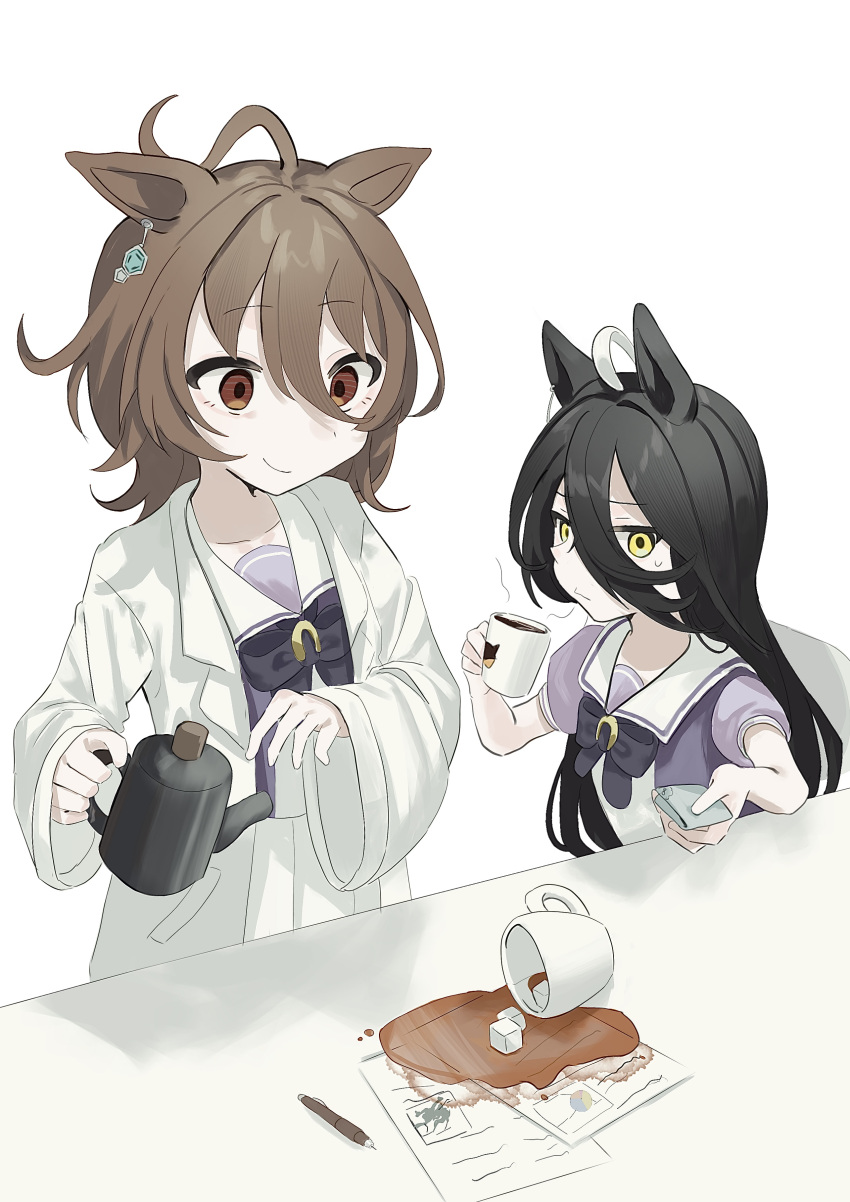 1girl, 2girls, absurdres, agnes_tachyon_(umamusume), ahoge, animal_ears, black_hair, blush, bow, bowtie, brown_hair, chemical_structure, closed_mouth, coat, coffee_mug, commentary_request, cup, earrings, hair_between_eyes, highres, holding, holding_cup, holding_napkin, holding_teapot, horse_ears, horse_girl, jewelry, lab_coat, long_bangs, long_hair, long_hair_between_eyes, long_sleeves, manhattan_cafe_(umamusume), mug, multicolored_hair, multiple_girls, paper, pencil, puffy_short_sleeves, puffy_sleeves, purple_bow, purple_bowtie, purple_shirt, red_eyes, sailor_collar, sailor_shirt, school_uniform, shirt, short_hair, short_sleeves, shunka_shuto, single_earring, smile, spill, sugar_cube, tea, teapot, tracen_school_uniform, umamusume, very_long_hair, white_coat, white_hair, white_sailor_collar, yellow_eyes
