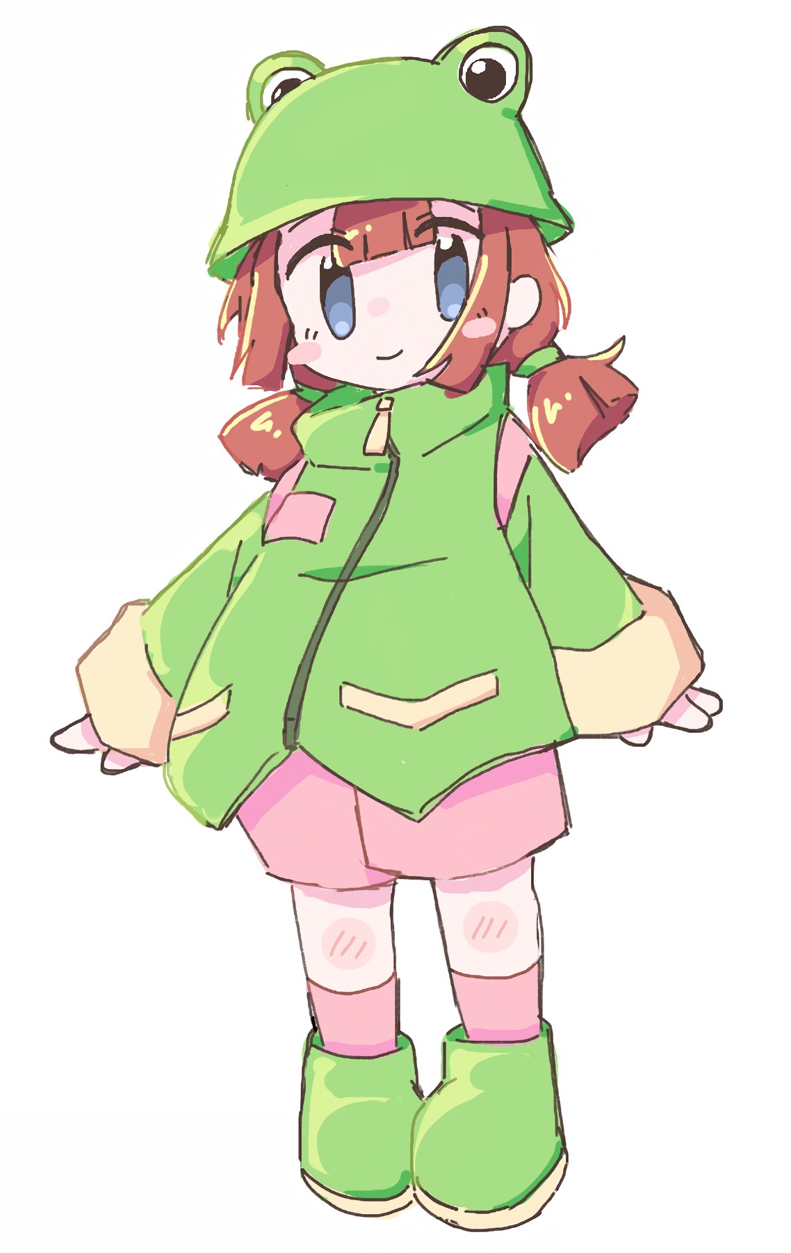 1girl, bag, blue_eyes, blush_stickers, boots, brown_hair, child, commentary
