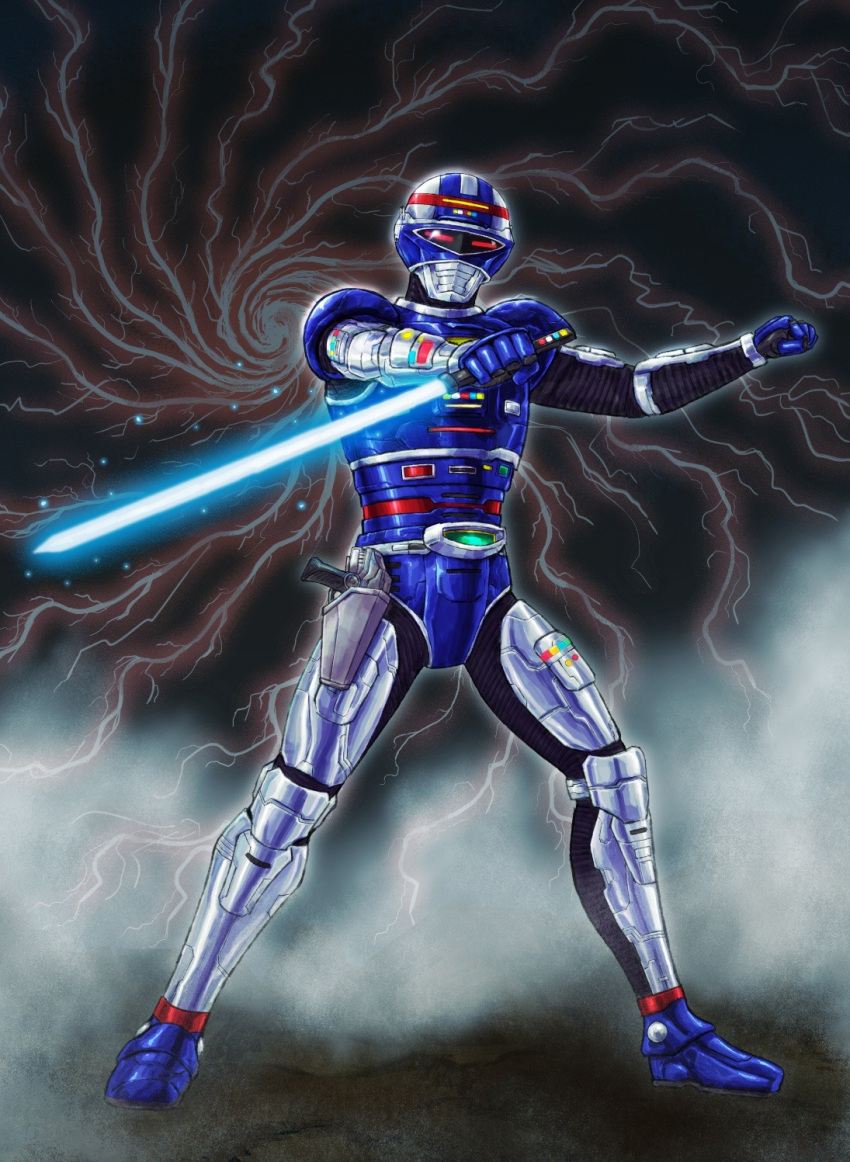 1boy, adi_(adivider), armor, clenched_hand, commentary, commission, energy_sword, english_commentary