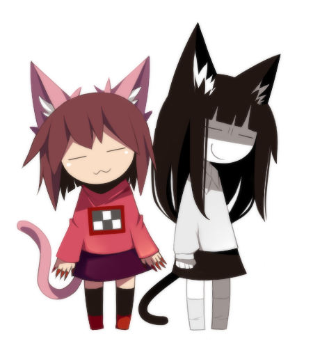 :3, alternate_hairstyle, animal_ears, bad_id, black_hair, brown_hair, cat_ears, cat_tail
