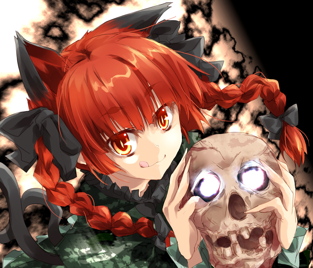 :q, animal_ears, bow, braid, cat_ears, cat_tail, hair_bow, kaenbyou_rin